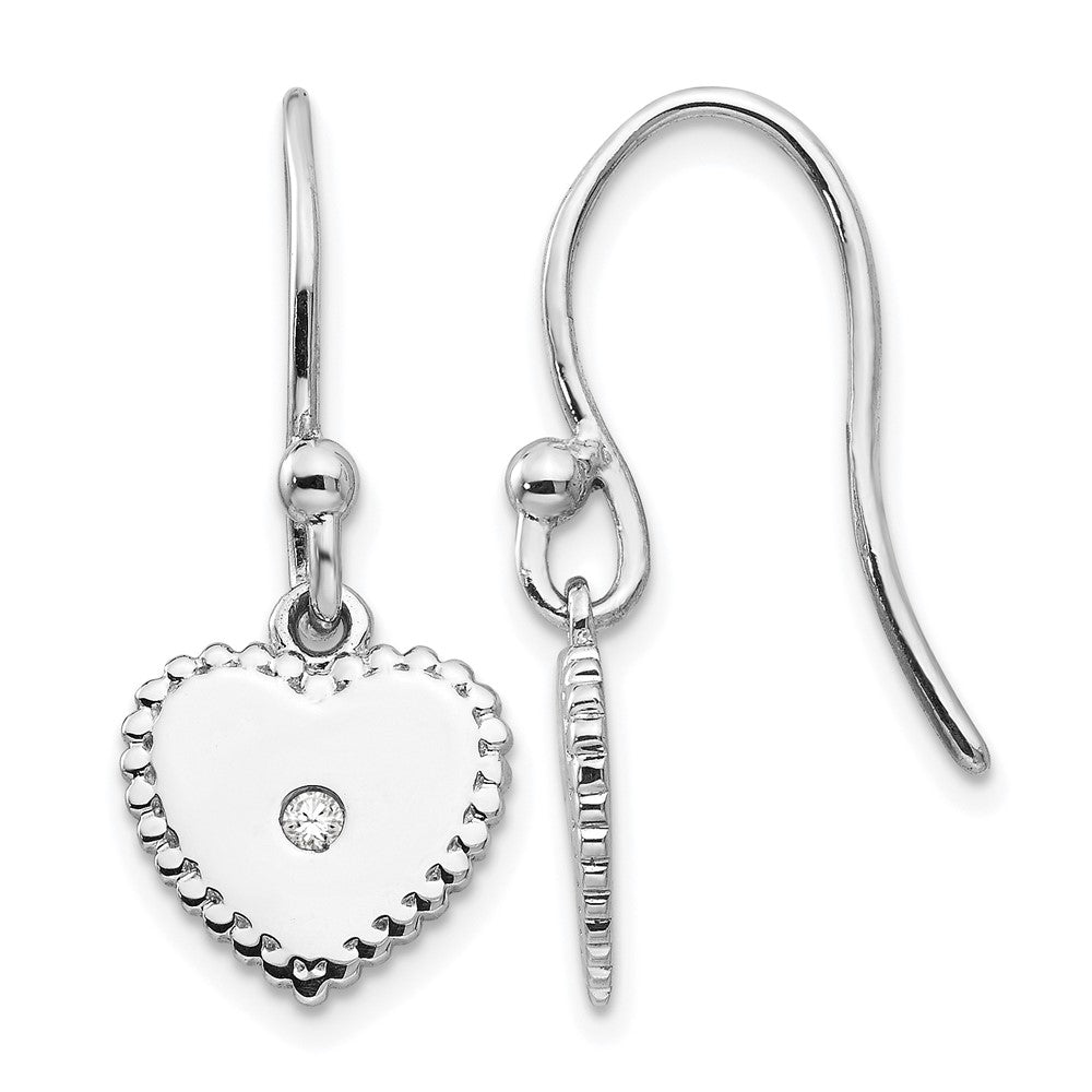 Sterling Silver RH Plated White Ice Diamond Heart Dangle Earrings