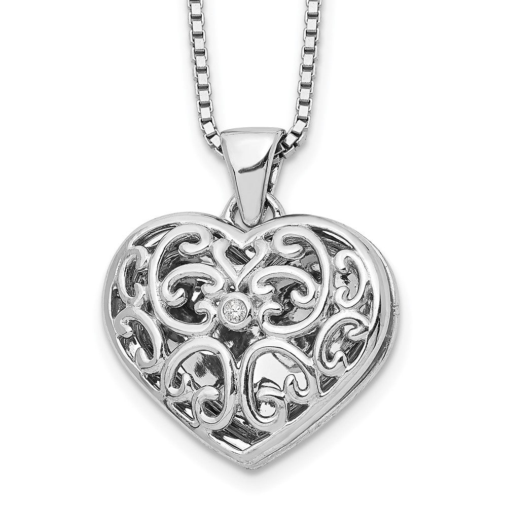 Sterling Silver RH Plated White Ice Diamond Heart Locket Necklace