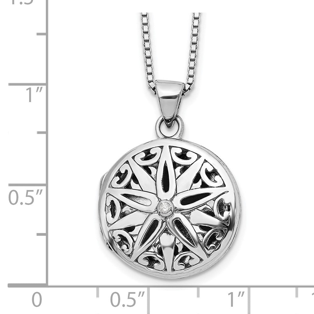 Sterling Silver RH Plated White Ice Dia. Star Round Locket Necklace
