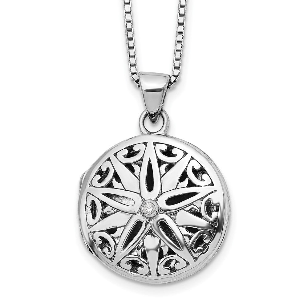 Sterling Silver RH Plated White Ice Dia. Star Round Locket Necklace