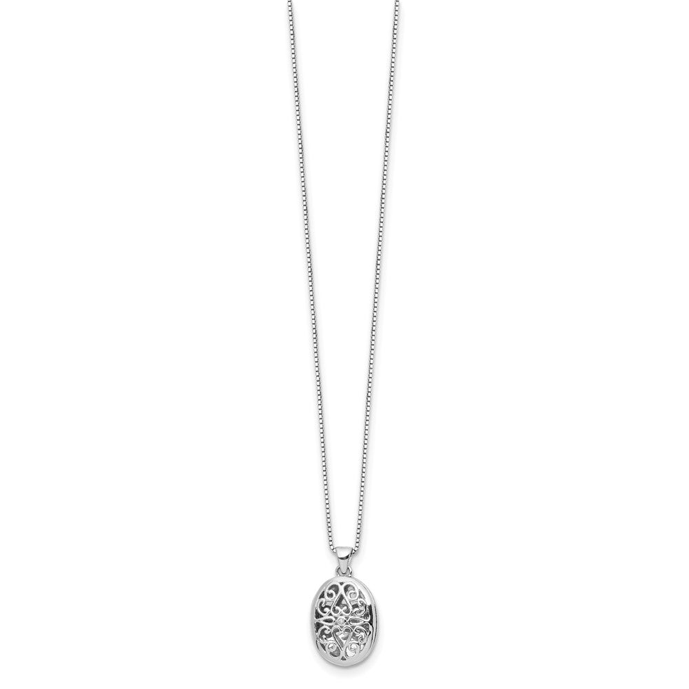 Sterling Silver Rh-plated White Ice Diamond Oval Locket w/ 2in ext Necklace