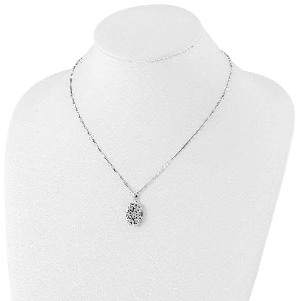 Sterling Silver Rh-plated White Ice Diamond Oval Locket w/ 2in ext Necklace