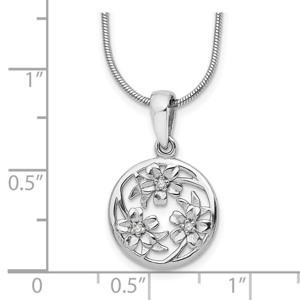 Sterling Silver RH Plated White Ice Diamond Flower Necklace
