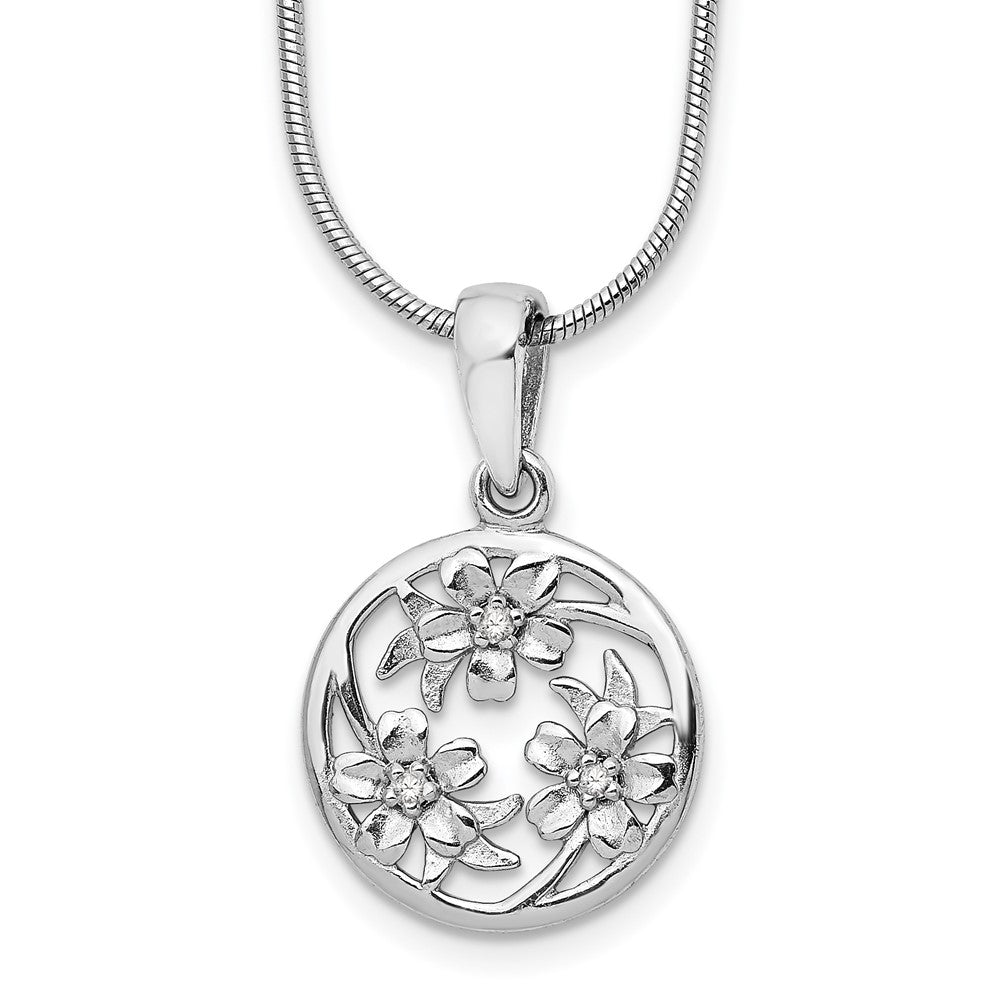 Sterling Silver RH Plated White Ice Diamond Flower Necklace