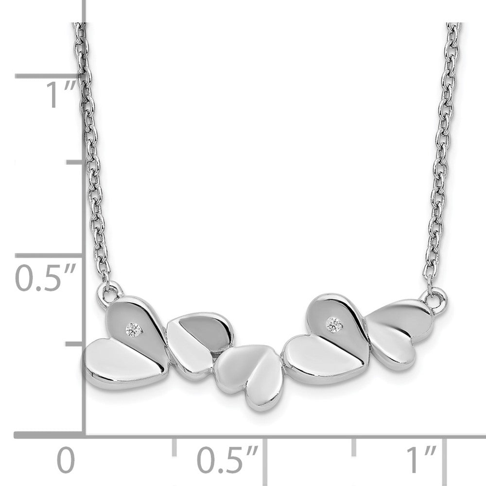 Sterling Silver RH Plated White Ice .015ct. Diamond Hearts Necklace