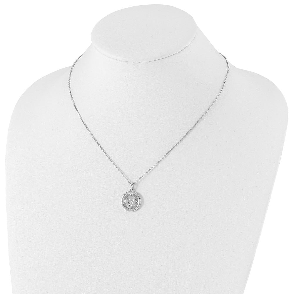Sterling Silver RH Plated White Ice Diamond Initial V Necklace