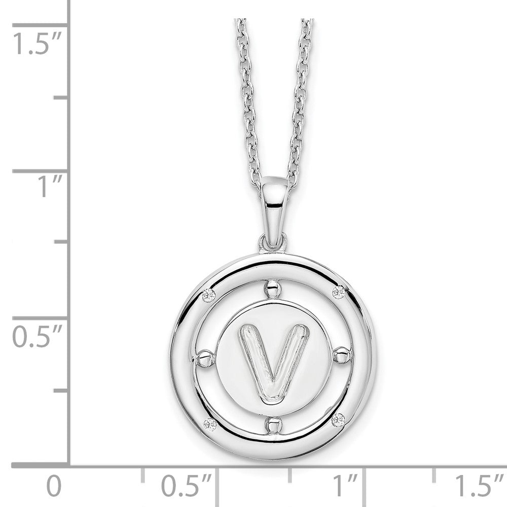 Sterling Silver RH Plated White Ice Diamond Initial V Necklace