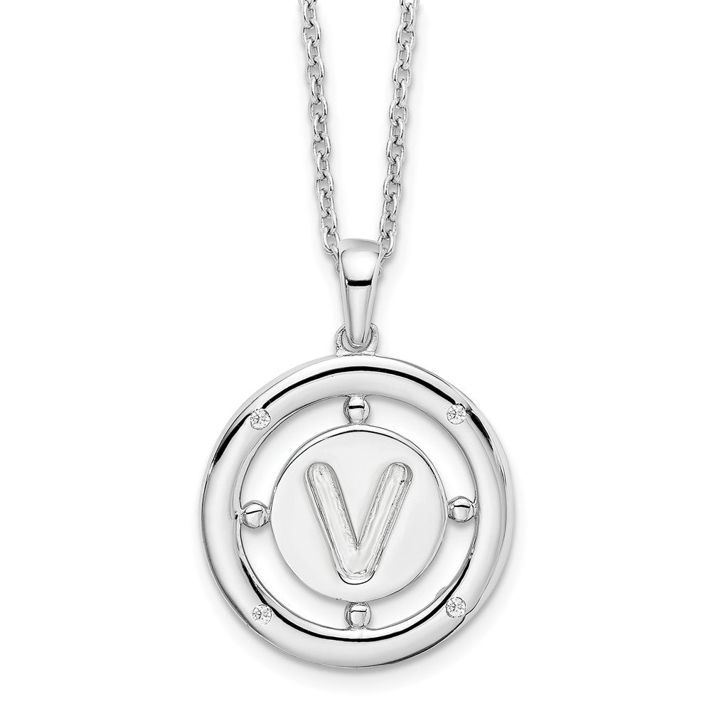 Sterling Silver RH Plated White Ice Diamond Initial V Necklace