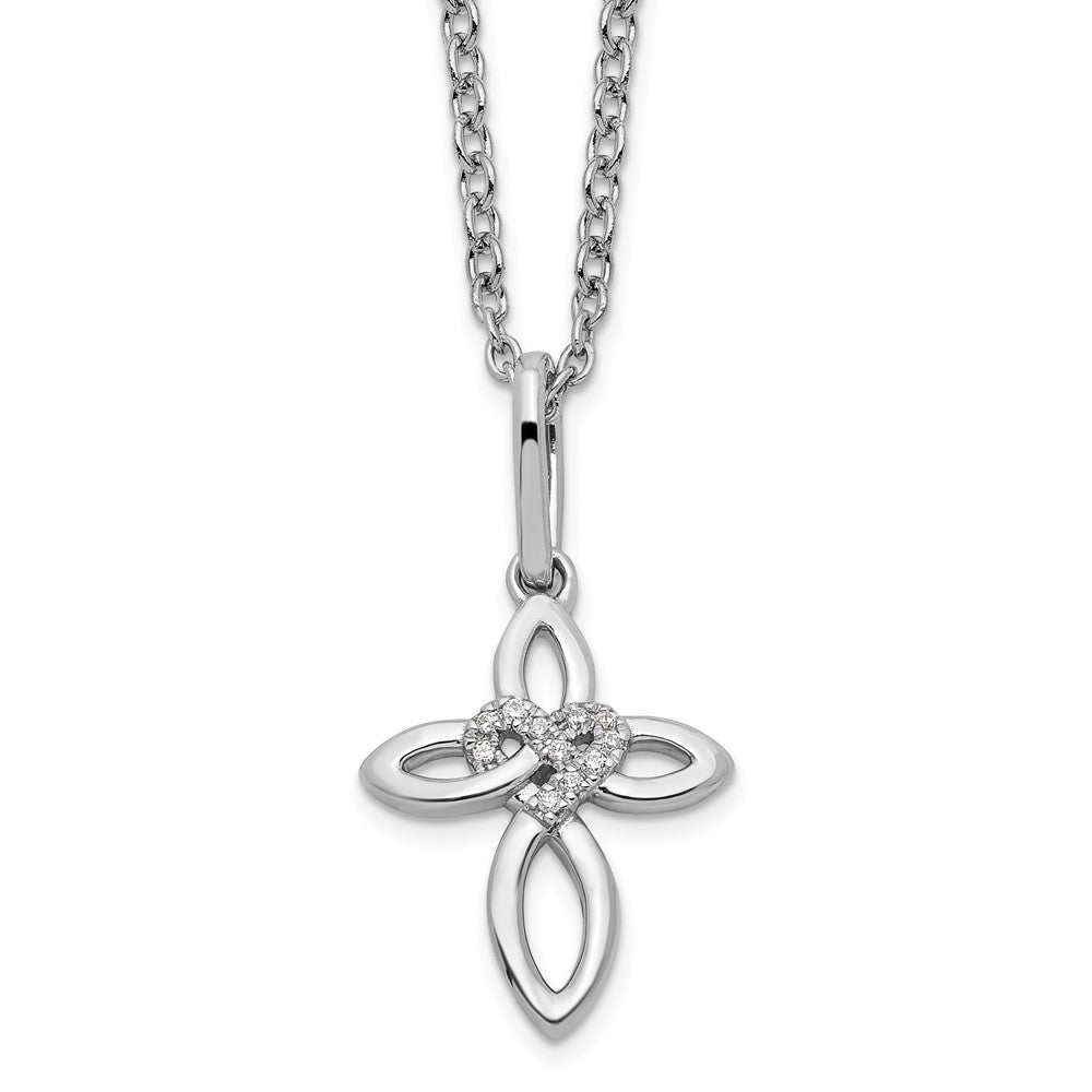 Sterling Silver White Ice Rhodium-plated Diamond Cross with Heart Necklace