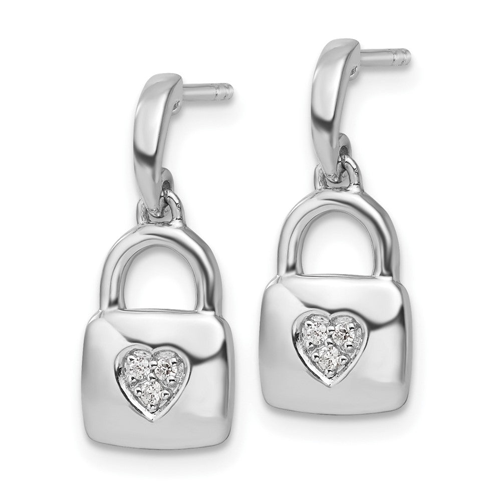 Sterling Silver White Ice RH-plated Diamond Heart Lock Dangle Post Earrings