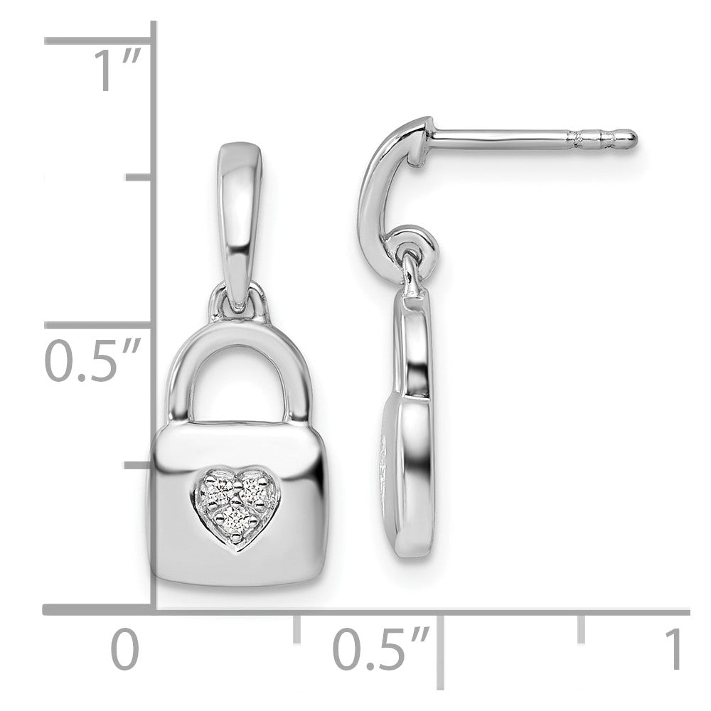 Sterling Silver White Ice RH-plated Diamond Heart Lock Dangle Post Earrings
