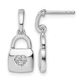 Sterling Silver White Ice RH-plated Diamond Heart Lock Dangle Post Earrings