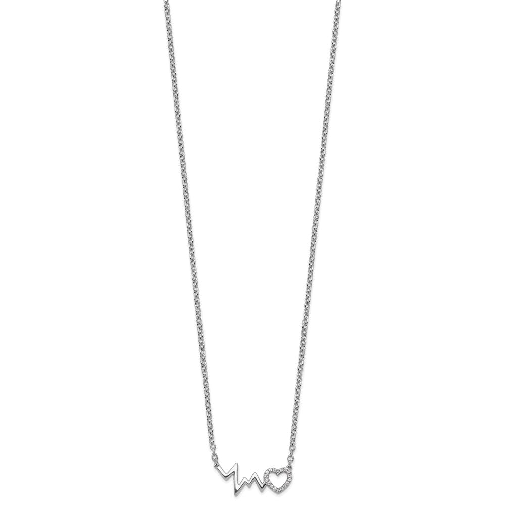 Sterling Silver White Ice RH-plated Diamond Heart with Heartbeat Necklace