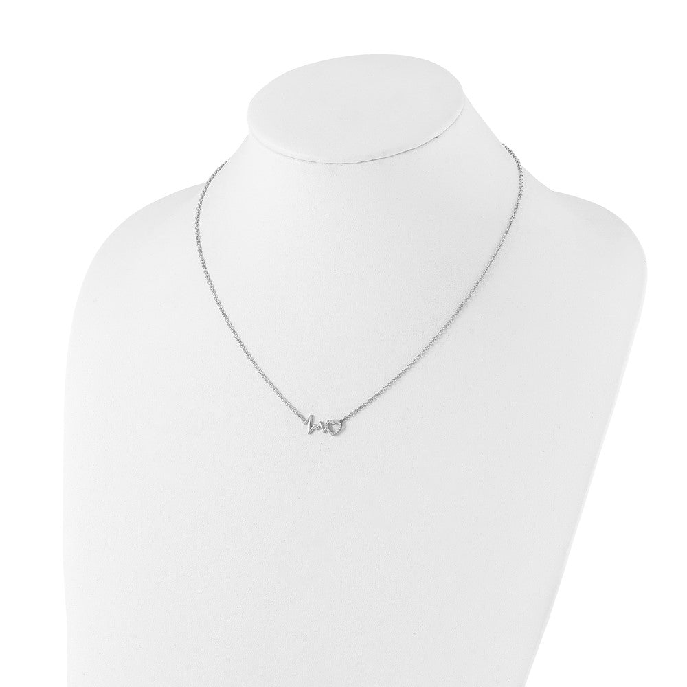 Sterling Silver White Ice RH-plated Diamond Heart with Heartbeat Necklace