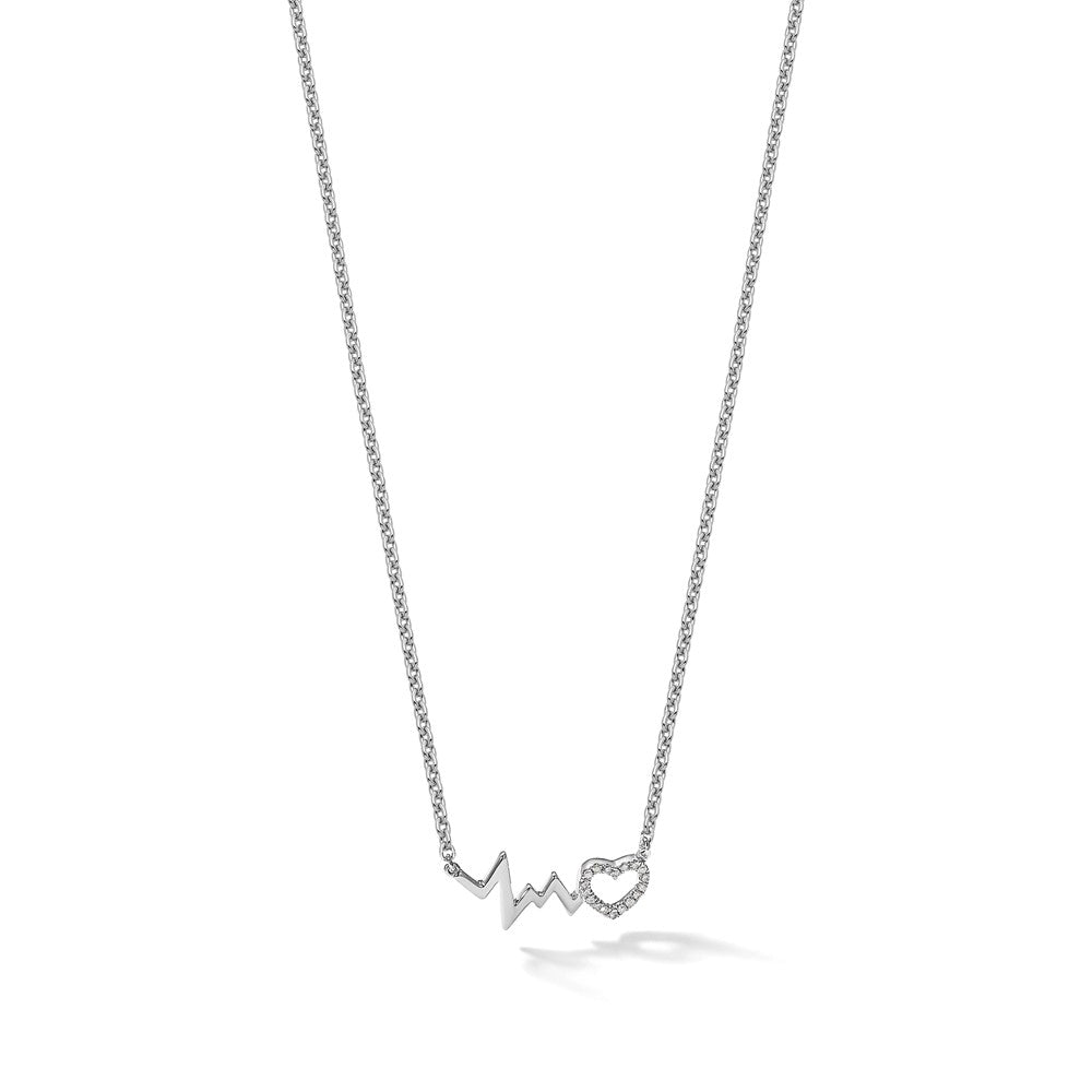 Sterling Silver White Ice RH-plated Diamond Heart with Heartbeat Necklace