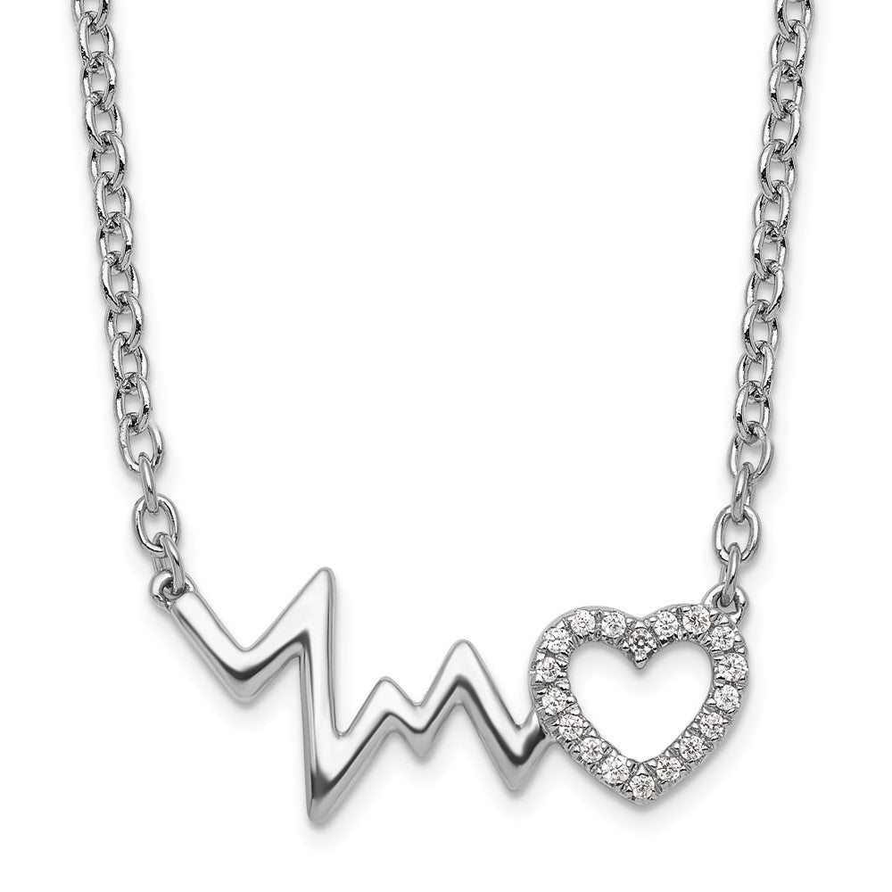 Sterling Silver White Ice RH-plated Diamond Heart with Heartbeat Necklace