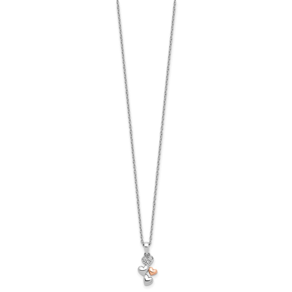 Sterling Silver RH Plated White Ice Dia. Heart Rose-tone w/2IN EXT Necklace
