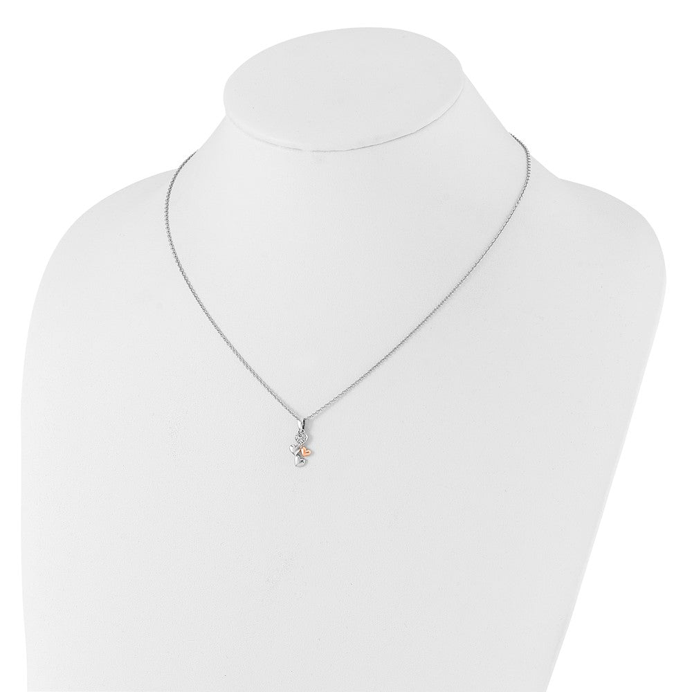 Sterling Silver RH Plated White Ice Dia. Heart Rose-tone w/2IN EXT Necklace
