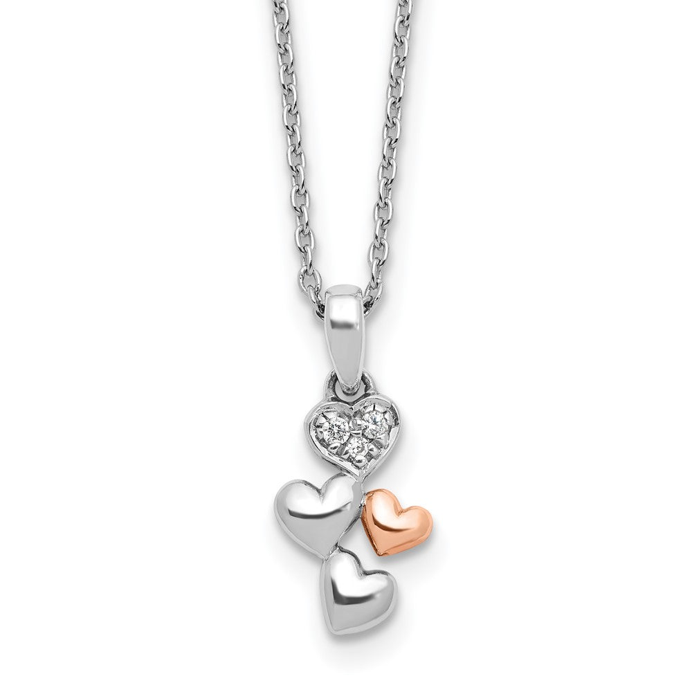 Sterling Silver RH Plated White Ice Dia. Heart Rose-tone w/2IN EXT Necklace