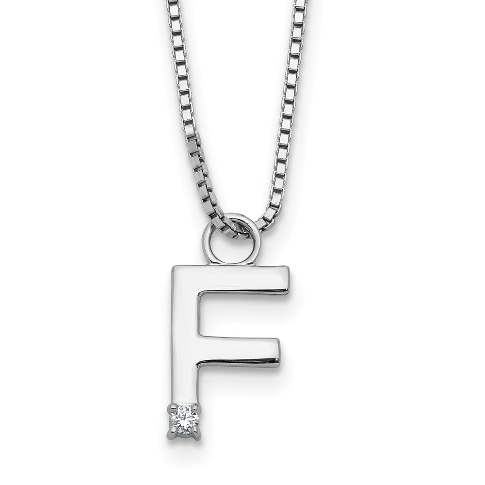 SS RH Plated White Ice .03 Diamond Initial F w/2in ext. Necklace