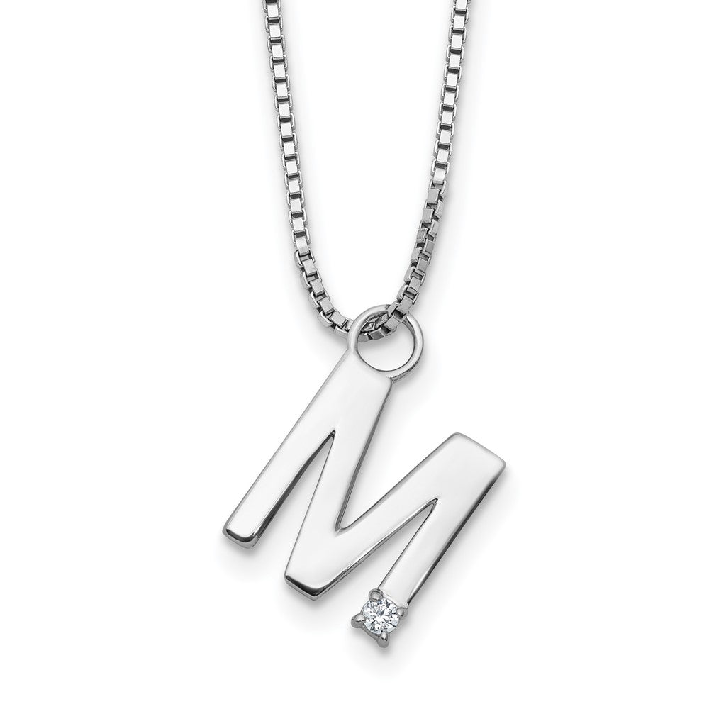 SS RH Plated White Ice .03 Diamond Initial M w/2in ext. Necklace