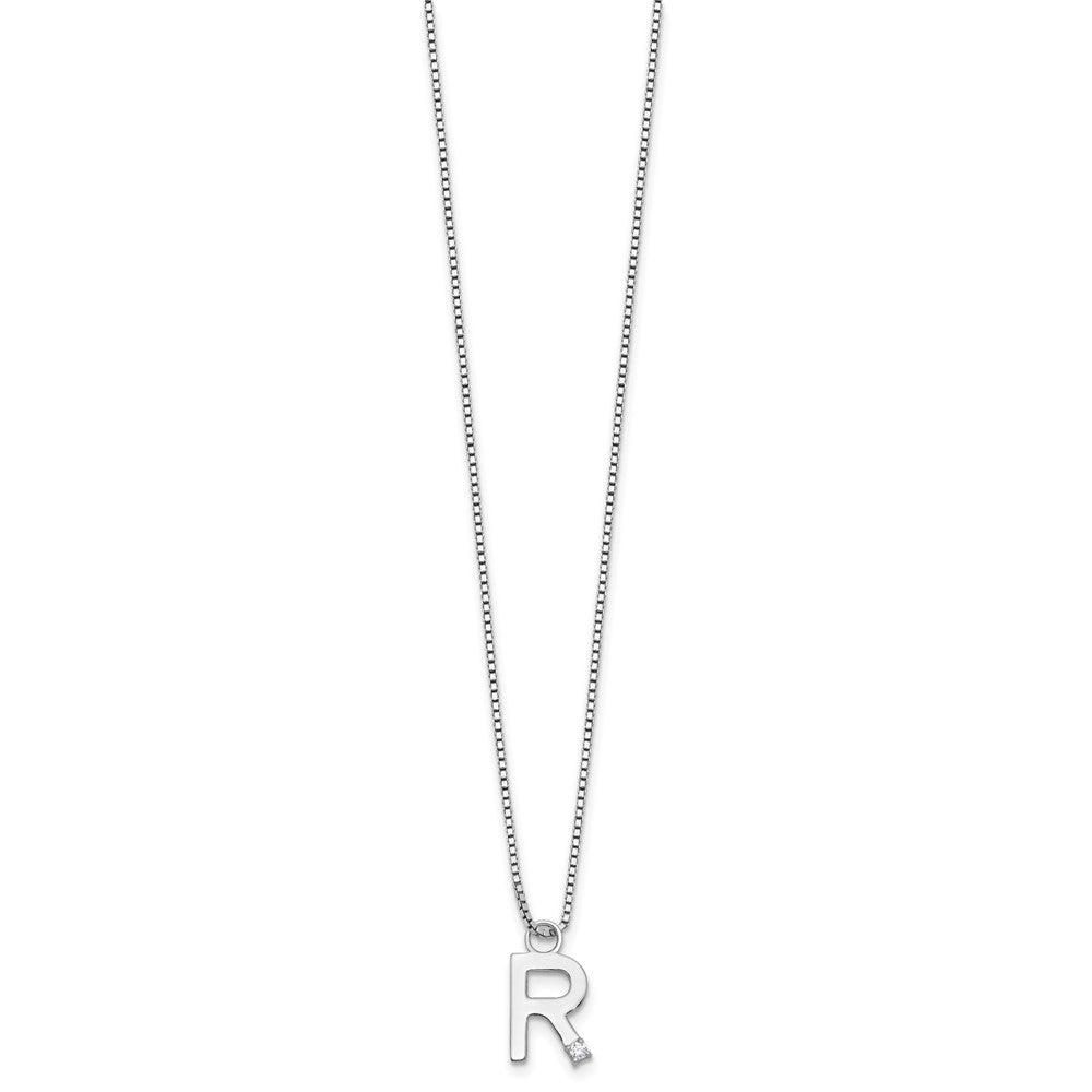 SS RH Plated White Ice .03 Diamond Initial R w/2in ext. Necklace