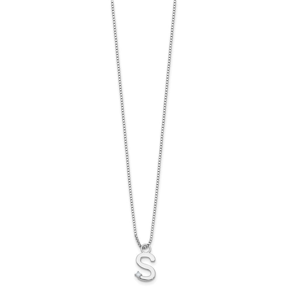SS RH Plated White Ice .03 Diamond Initial S w/2in ext. Necklace