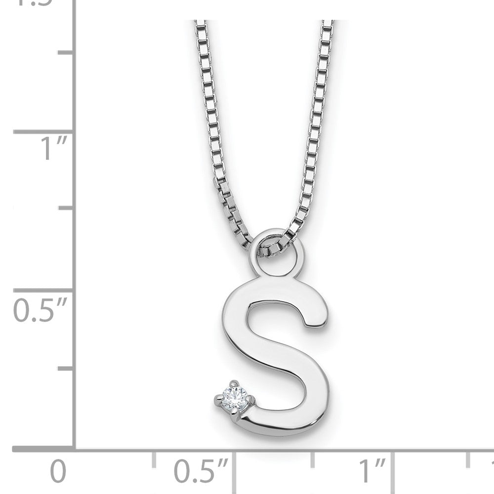 SS RH Plated White Ice .03 Diamond Initial S w/2in ext. Necklace
