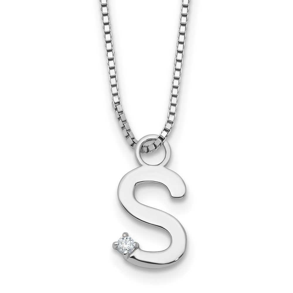 SS RH Plated White Ice .03 Diamond Initial S w/2in ext. Necklace