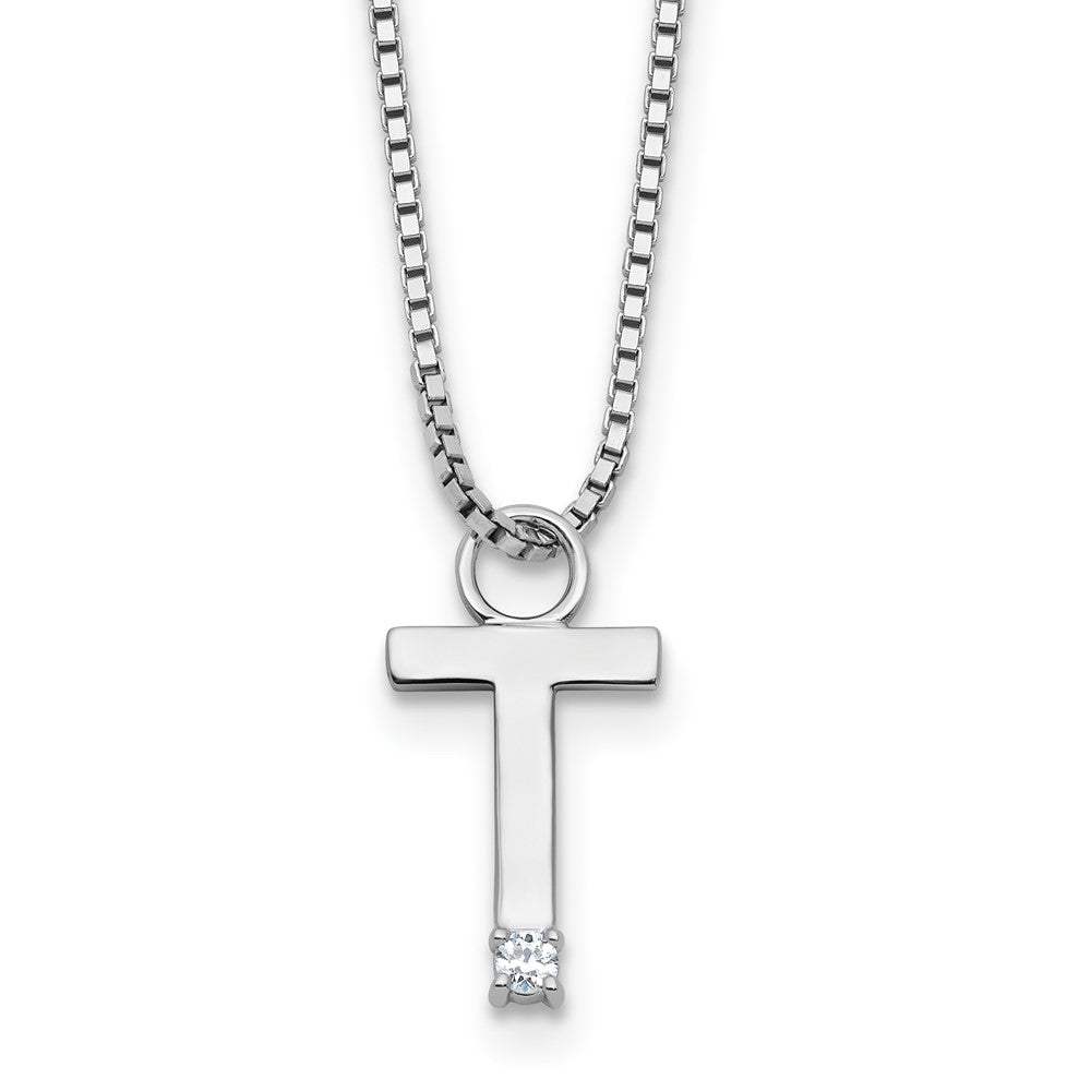 SS RH Plated White Ice .03 Diamond Initial T w/2in ext. Necklace