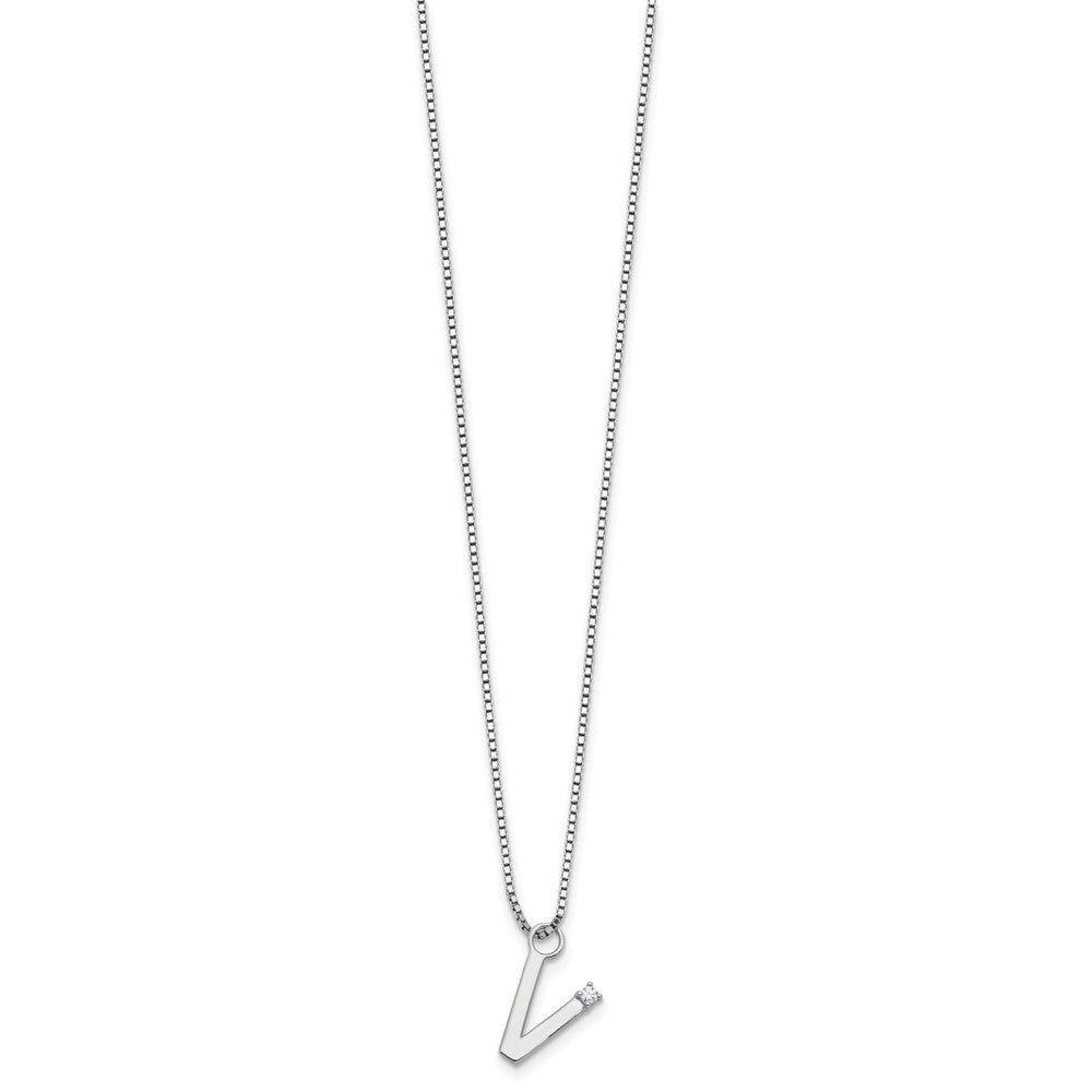 SS RH Plated White Ice .03 Diamond Initial V w/2in ext. Necklace