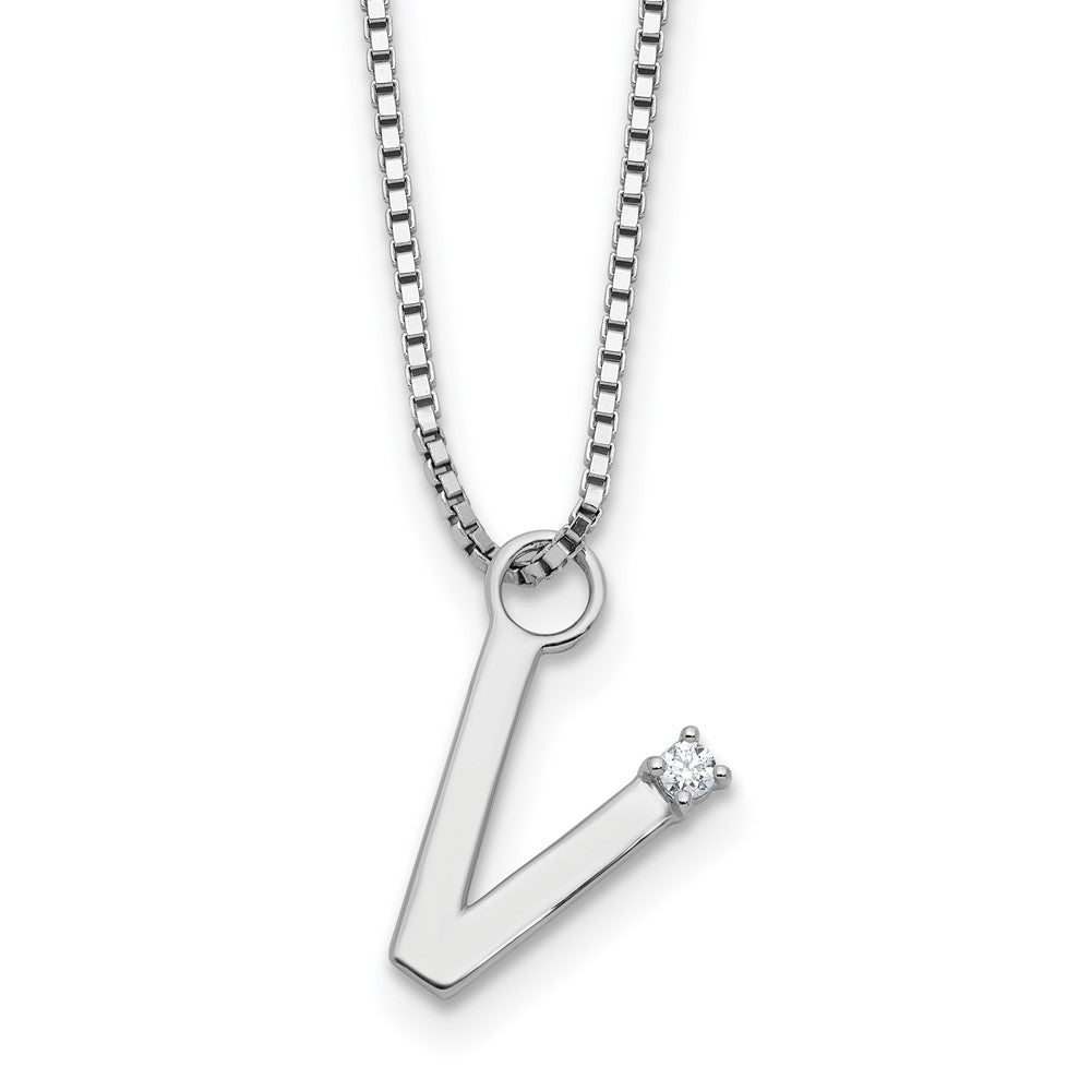 SS RH Plated White Ice .03 Diamond Initial V w/2in ext. Necklace