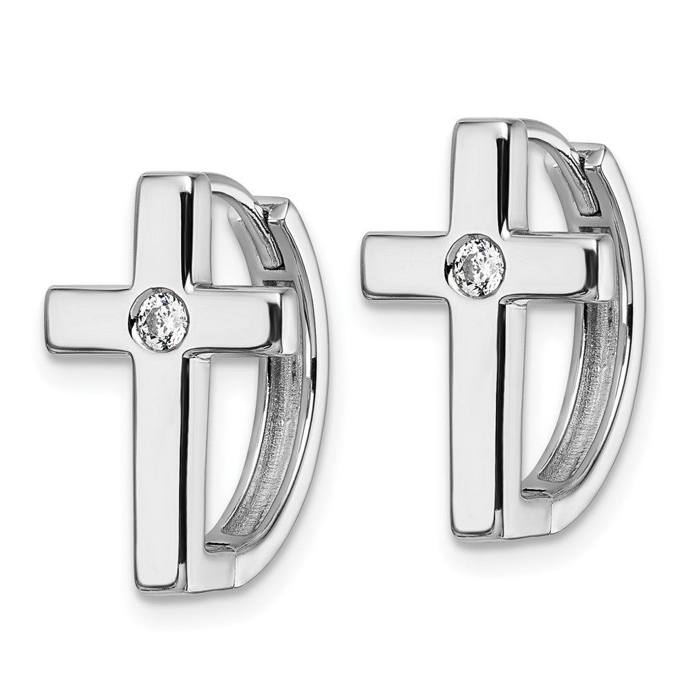 Sterling Silver RH Plated White Ice .01 Diamond Cross Hoop Earrings
