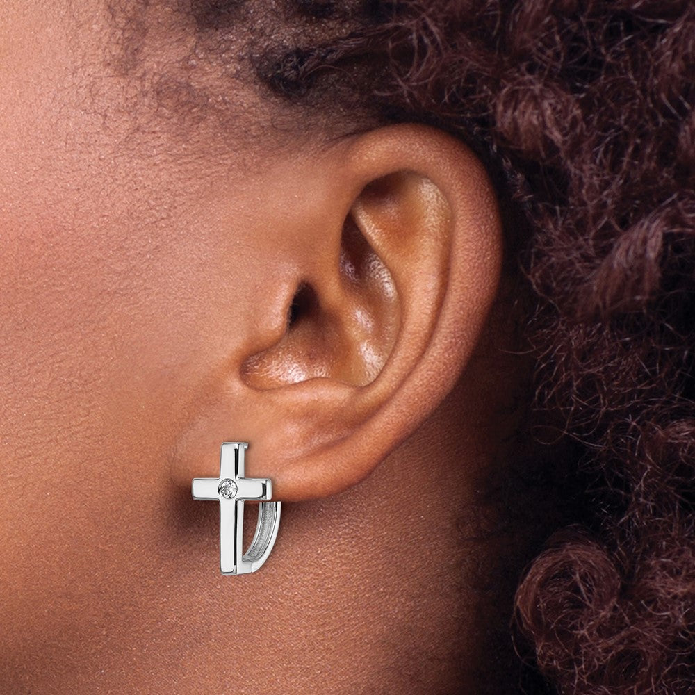 Sterling Silver RH Plated White Ice .01 Diamond Cross Hoop Earrings