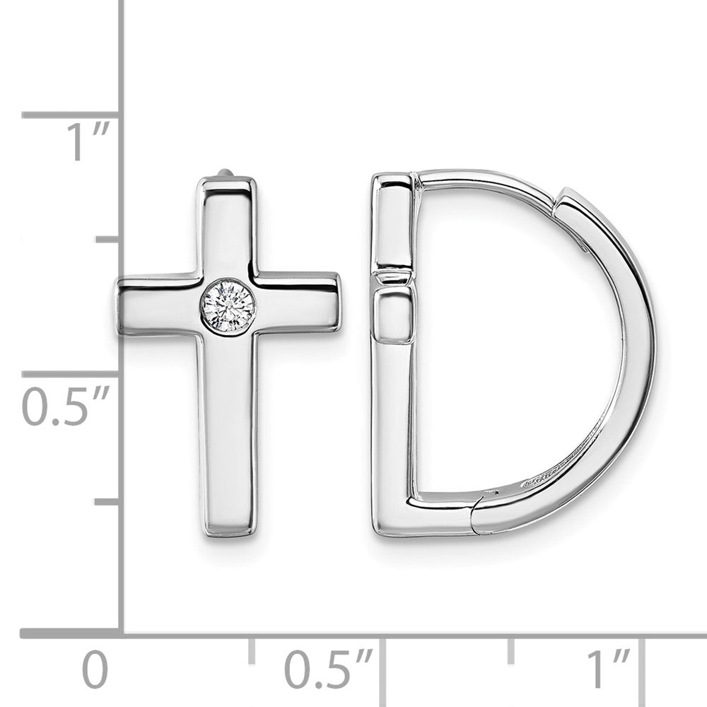Sterling Silver RH Plated White Ice .01 Diamond Cross Hoop Earrings
