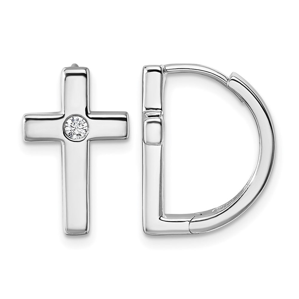 Sterling Silver RH Plated White Ice .01 Diamond Cross Hoop Earrings
