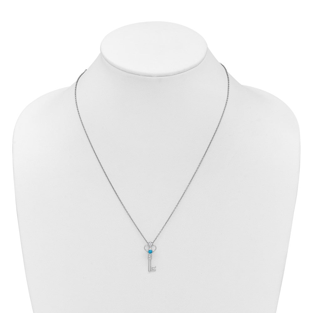 SS RH Plated White Ice .03 Dia and Blue Topaz Key w/2in ext Necklace