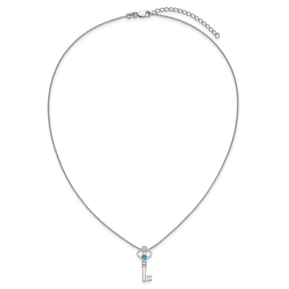 SS RH Plated White Ice .03 Dia and Blue Topaz Key w/2in ext Necklace