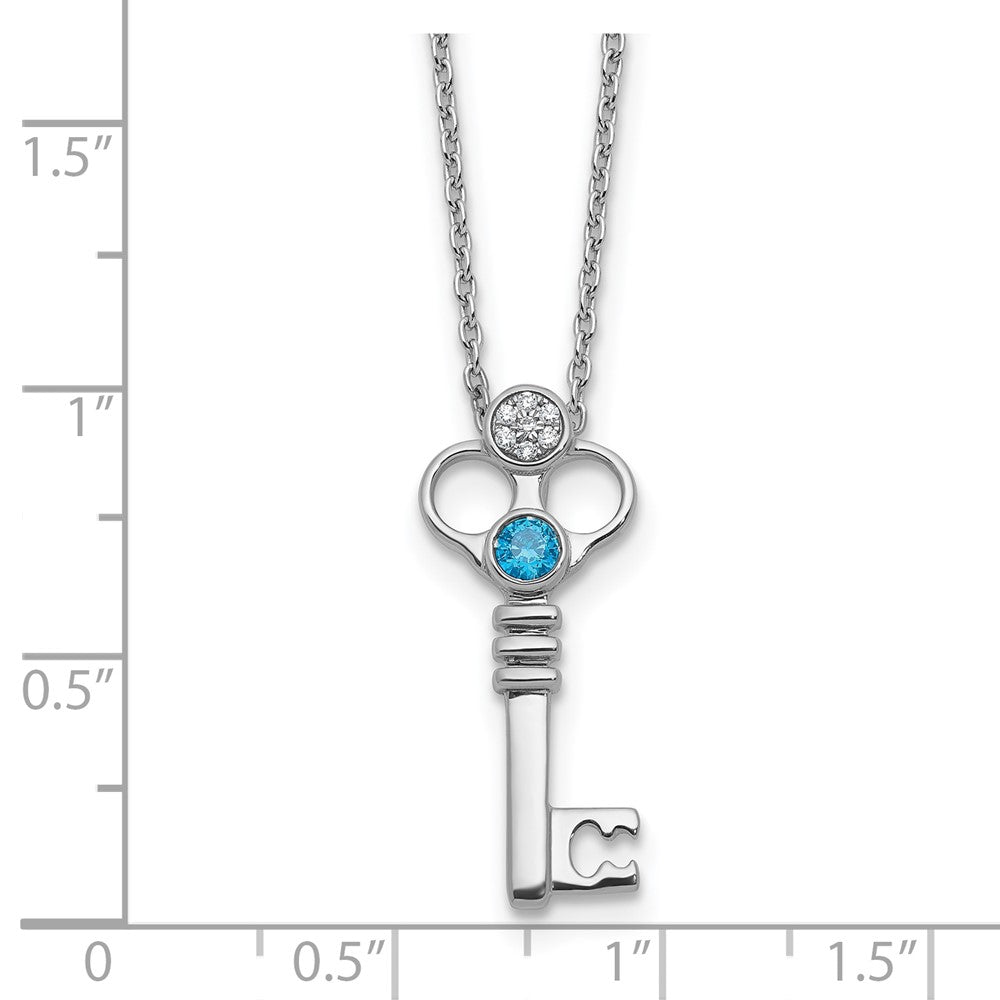 SS RH Plated White Ice .03 Dia and Blue Topaz Key w/2in ext Necklace
