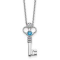 SS RH Plated White Ice .03 Dia and Blue Topaz Key w/2in ext Necklace