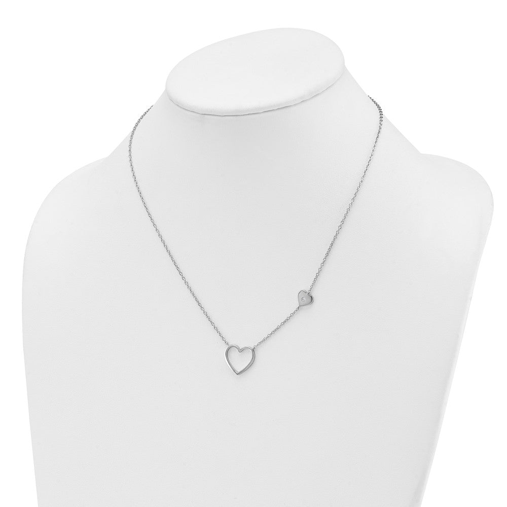 Sterling Silver RH Plated White Ice .03 Diamond Hearts Necklace