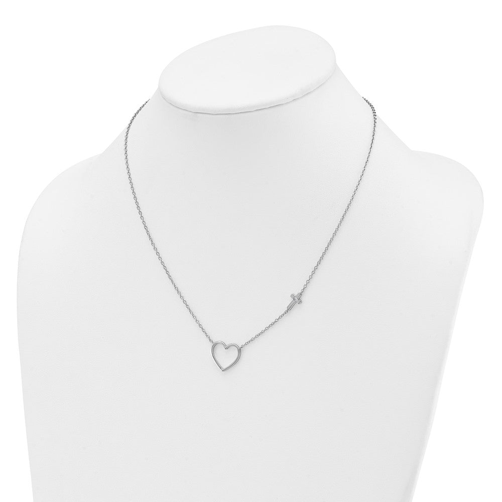 Sterling Silver RH Pltd White Ice .03 Diamond Heart and Cross Necklace