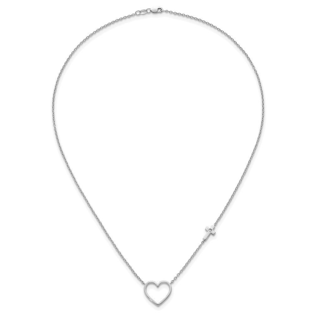 Sterling Silver RH Pltd White Ice .03 Diamond Heart and Cross Necklace