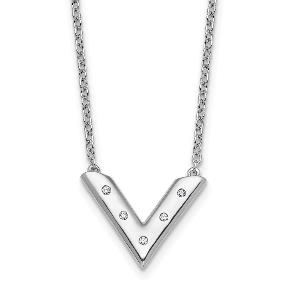 Sterling Silver RH Plated White Ice .05 Diamond V Necklace