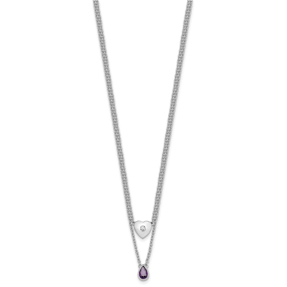 SS RH Plated White Ice .05 Dia and Amethyst 2-Strand Heart Necklace