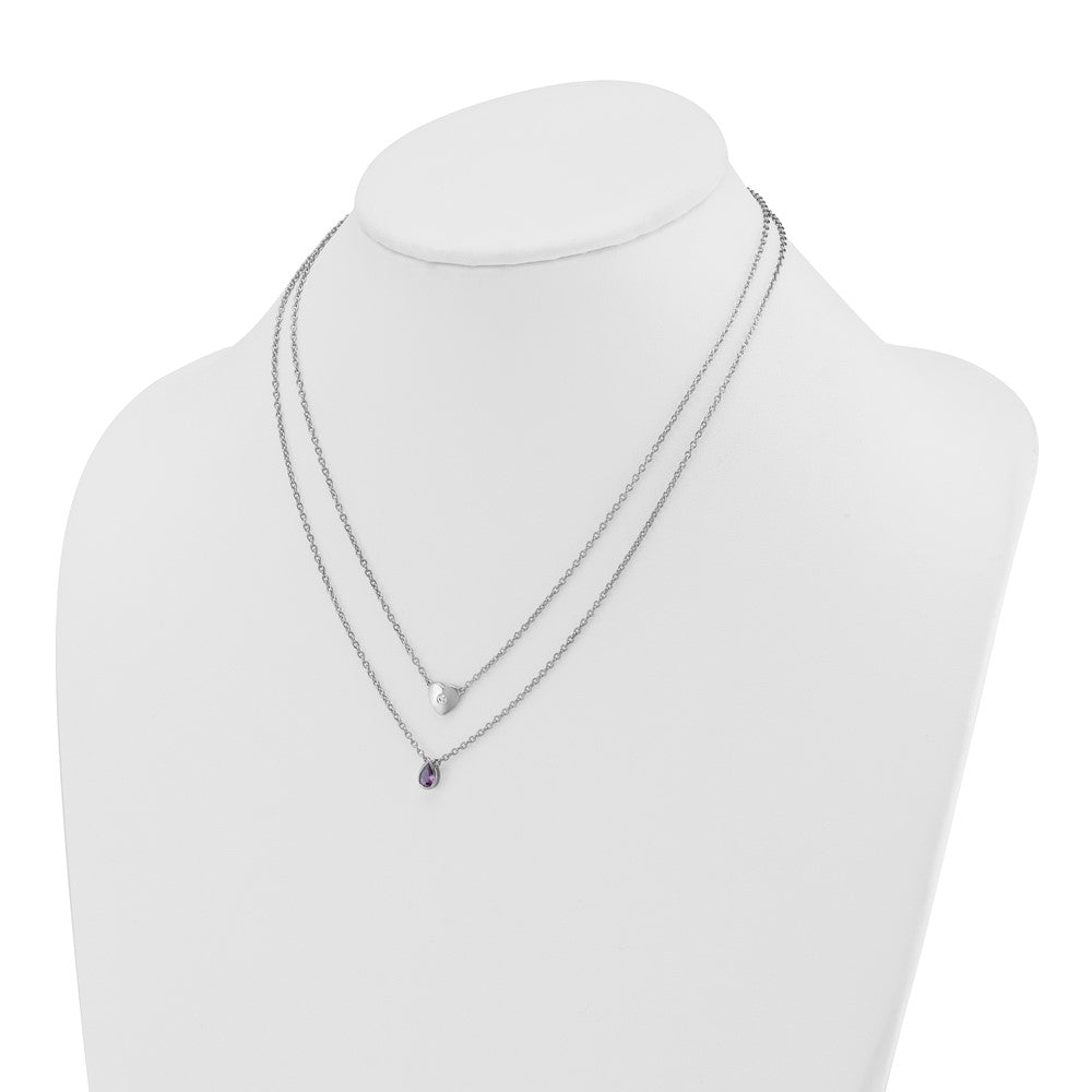 SS RH Plated White Ice .05 Dia and Amethyst 2-Strand Heart Necklace
