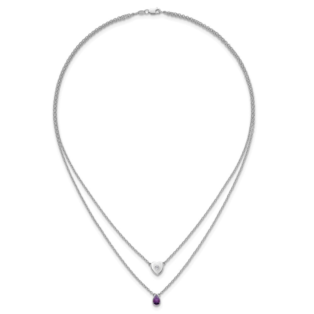 SS RH Plated White Ice .05 Dia and Amethyst 2-Strand Heart Necklace