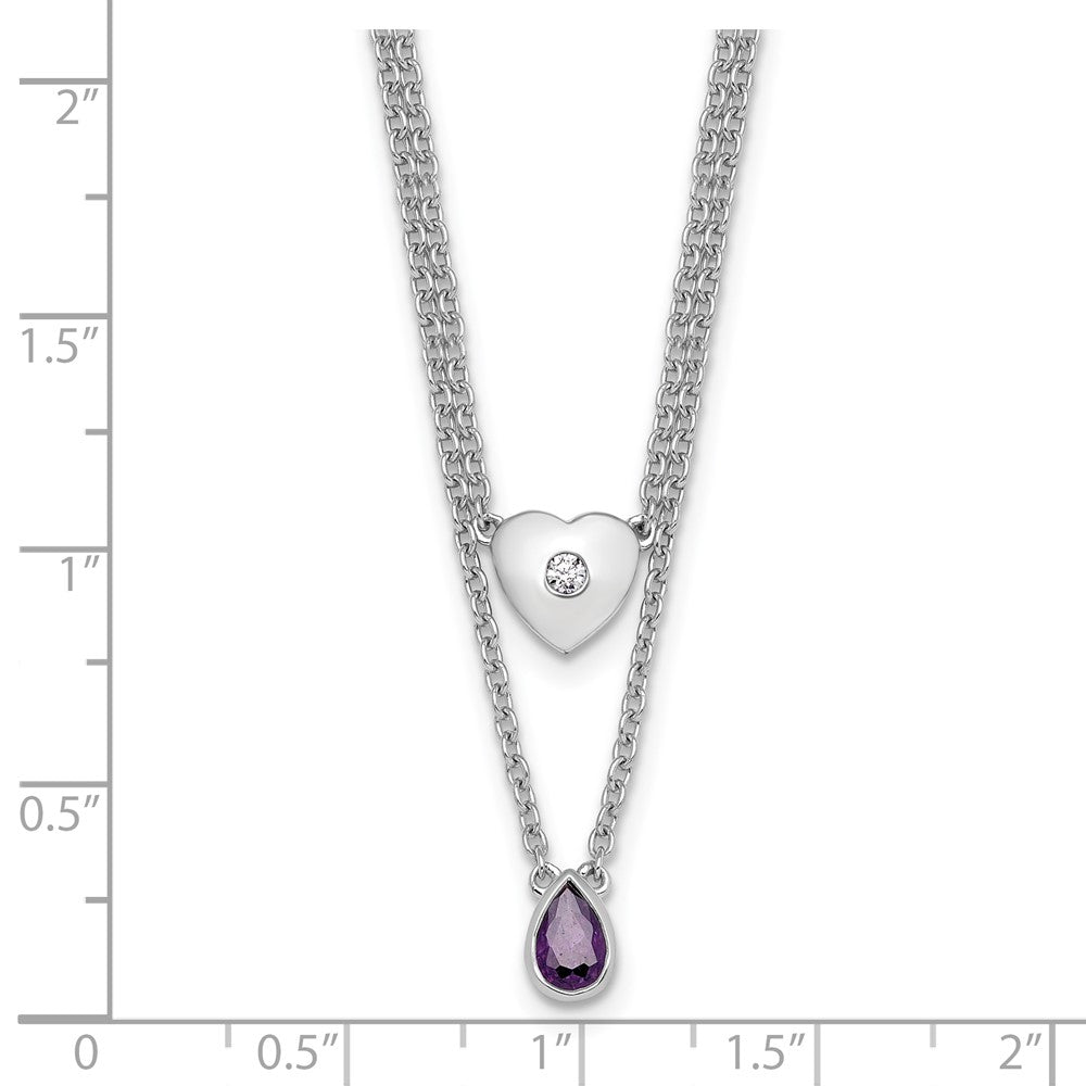 SS RH Plated White Ice .05 Dia and Amethyst 2-Strand Heart Necklace