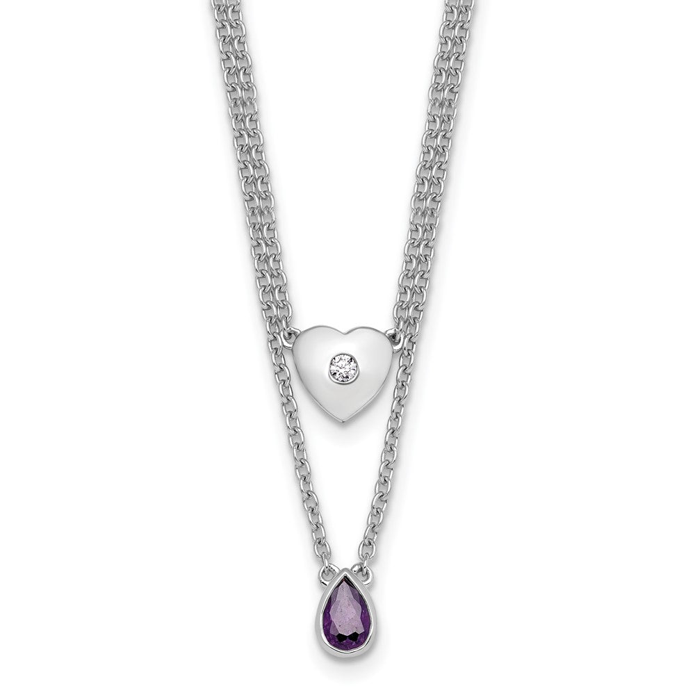 SS RH Plated White Ice .05 Dia and Amethyst 2-Strand Heart Necklace