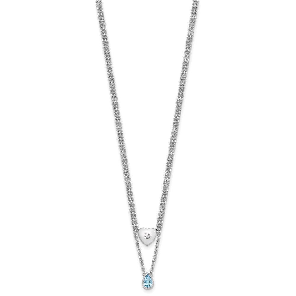 SS RH Plated White Ice .05 Dia and Blue Topaz 2-Strand Heart Necklace